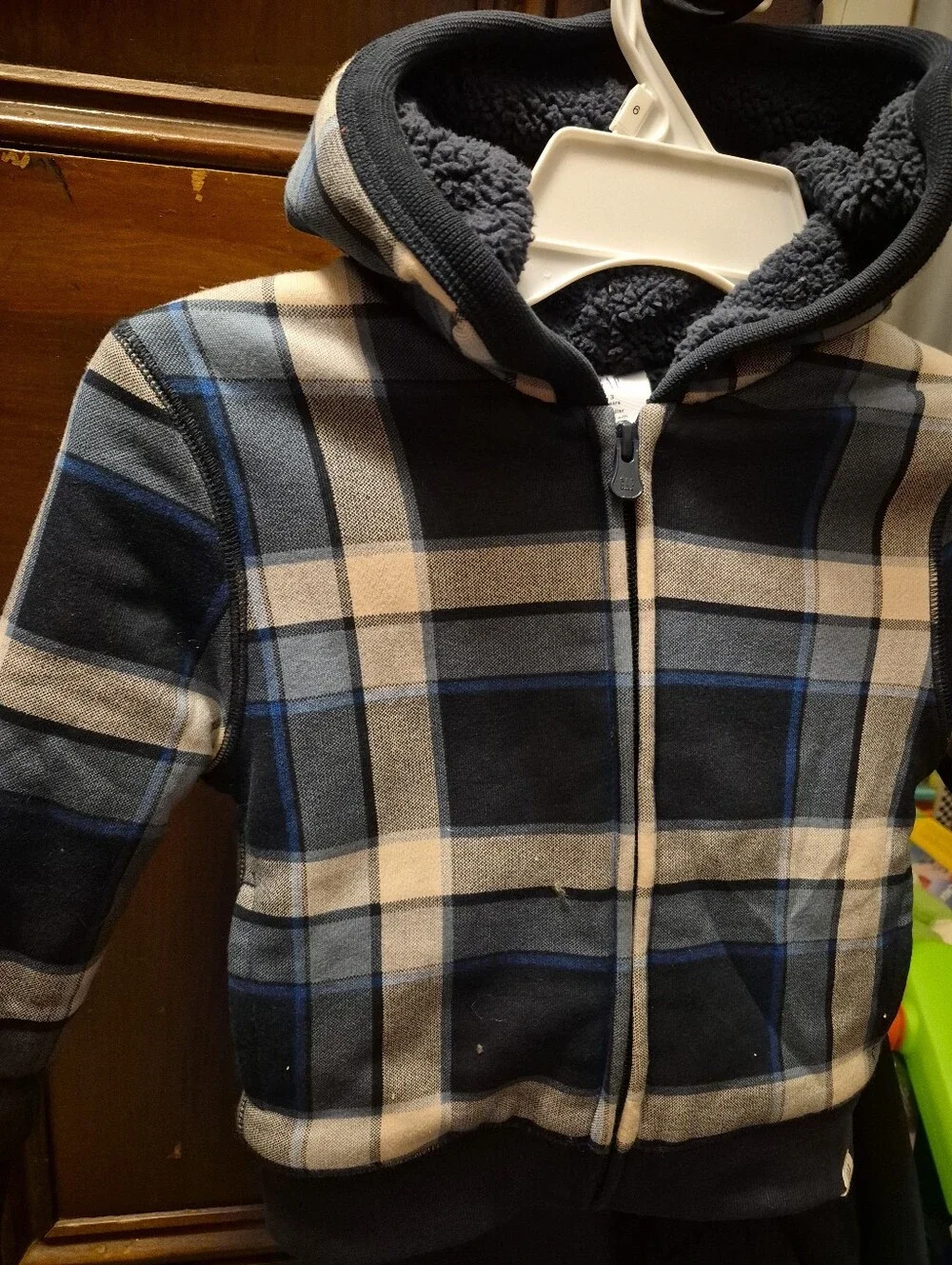 3T Baby Gap Cozy Plaid Sherpa-Lined Zip Hoodie - Navy & Cream
